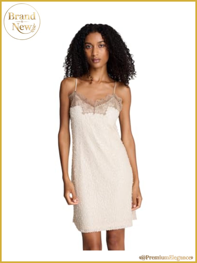 Women's Lace Trim Sequin Netting Slip Dress, Sheath V-Neck Sleeveless
